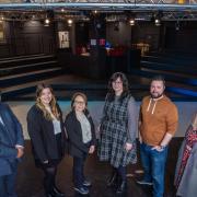 (left to right): Jim Johnstone, Dennie Gillespie and Paula Leca of Morrison Construction, Cllr Lisa-Marie Hughes, and Alan Orr and Jenni Mason of PACE Theatre Company
