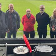 (L-R), Neil Bibby MSP, Ian McLaren, Jim Crawford, Keith Lasley, Lynsey McLean with one of the recycling bins at St Mirren Par
