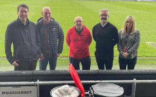 (L-R), Neil Bibby MSP, Ian McLaren, Jim Crawford, Keith Lasley, Lynsey McLean with one of the recycling bins at St Mirren Par