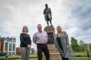 Shaun Moore, the new Tannahill Makar for Renfrewshire, with OneRen’s digital and library development manager Joyce Higgins and Provost Lorraine Cameron at the statue of Paisley poet Robert Tannahill