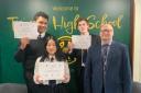 PC Andy Law with Trinity High pupils Ashley Li, Zack Zurek-Ali and Christian Morrison