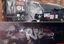 The bus was plastered in graffiti just hours before French outfit Lyon faced the Glasgow club at Ibrox
