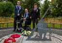 Norrie McDade, Craig McDermott and Bill McDowall at Erskine’s Falklands memorial sundial, titled ‘The Shadow of the Brave