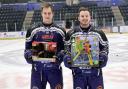 Glasgow Clan players Reid Petryk (left) and Gary Haden getting ready for the Friday's toy collection