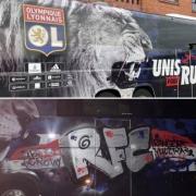 The bus was plastered in graffiti just hours before French outfit Lyon faced the Glasgow club at Ibrox