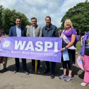 Scottish Labour Leader Anas Sarwar, Gavin Newlands MP, Neil Bibby MSP with Heather Wallace, Wendy Millar and Kathleen Birney, members of Renfrewshire WASPI group