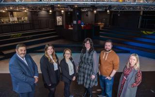 (left to right): Jim Johnstone, Dennie Gillespie and Paula Leca of Morrison Construction, Cllr Lisa-Marie Hughes, and Alan Orr and Jenni Mason of PACE Theatre Company